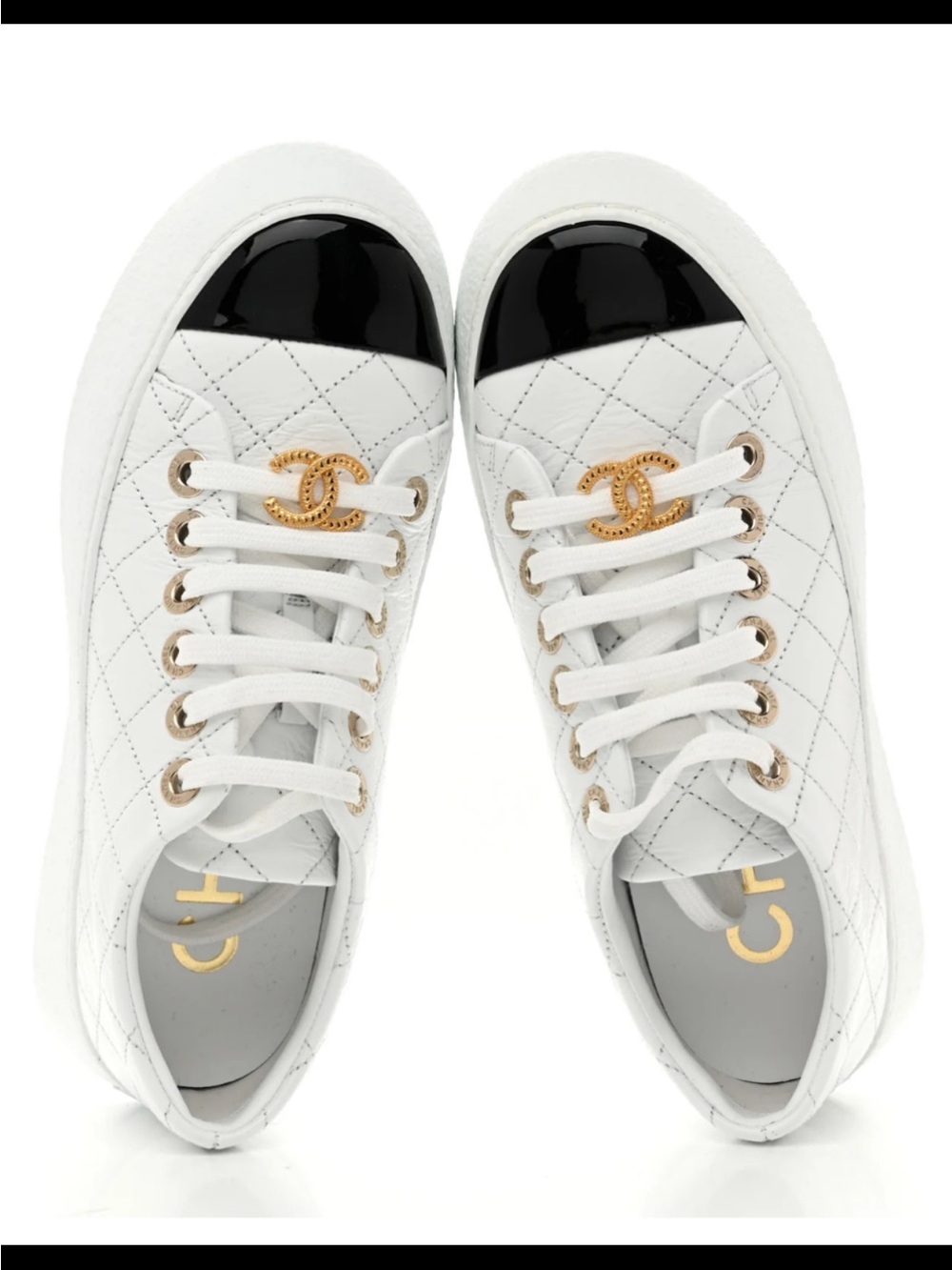 Chanel White Quilted Leather Sneakers with Black Patent Cap Toe